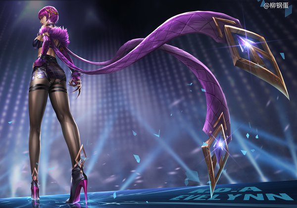 Anime picture 2000x1397 with league of legends k/da (league of legends) evelynn (league of legends) k/da evelynn goatwillow single looking at viewer highres short hair breasts light erotic large breasts standing signed payot purple hair full body ass parted lips profile