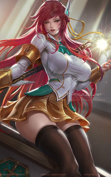 Anime picture 627x1000 with league of legends lux (league of legends) battle academia lux lexaiduer single long hair tall image looking at viewer blush fringe breasts light erotic large breasts sitting holding green eyes signed payot red hair indoors