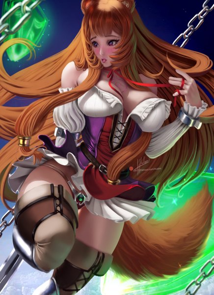 Anime picture 1890x2598 with tate no yuusha no nariagari kinema citrus raphtalia hlulani single long hair tall image blush fringe highres breasts light erotic simple background brown hair large breasts bare shoulders signed animal ears looking away cleavage