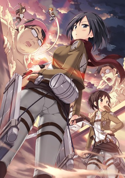 Anime picture 700x990 with shingeki no kyojin production i.g mikasa ackerman annie leonhart sasha blouse titan (shingeki no kyojin) peach88 long hair tall image blush short hair open mouth black hair blonde hair multiple girls holding sky cloud (clouds) looking back sunlight