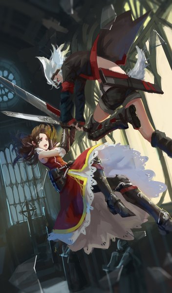 Anime picture 1176x2000 with original pixiv fantasia pixiv fantasia t mixke long hair tall image short hair open mouth red eyes brown hair holding brown eyes white hair indoors from behind back eye contact fighting stance girl dress