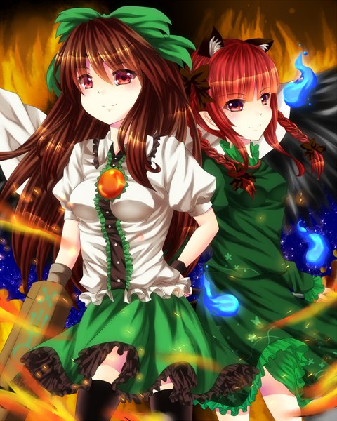 Anime picture 1500x1875 with touhou reiuji utsuho kaenbyou rin ikeda hazuki long hair tall image red eyes brown hair multiple girls animal ears red hair braid (braids) cat ears extra ears starry sky print arm cannon girl thighhighs bow weapon