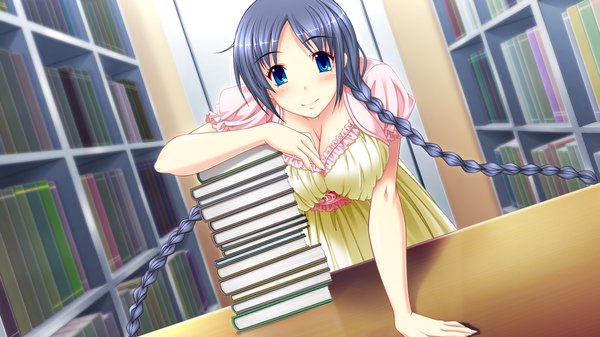 Anime picture 1280x720 with try big! - lesson intense breast massage (game) blush blue eyes black hair smile wide image twintails game cg braid (braids) twin braids girl book (books)