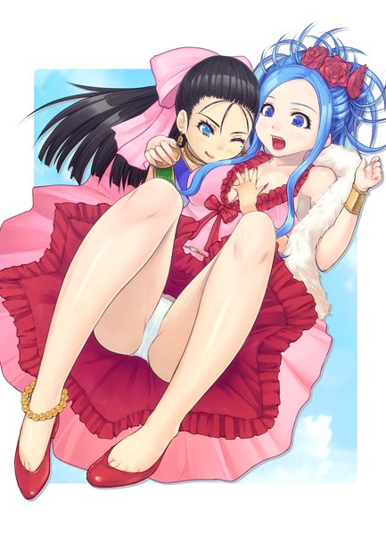 Anime picture 939x1299 with dragon quest dragon quest v flora (dragon quest) deborah mahito (artist) long hair tall image blush highres breasts open mouth blue eyes light erotic black hair multiple girls blue hair sky cleavage cloud (clouds) one eye closed