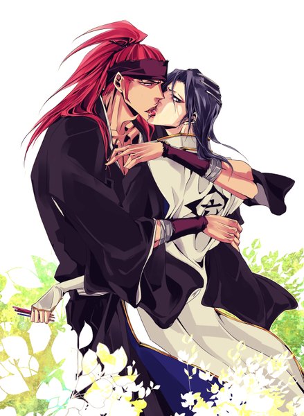 Anime picture 1170x1600 with bleach studio pierrot kuchiki byakuya abarai renji naktata long hair tall image looking at viewer blue eyes black hair simple background brown eyes ponytail red hair traditional clothes japanese clothes multiple boys couple hug kiss