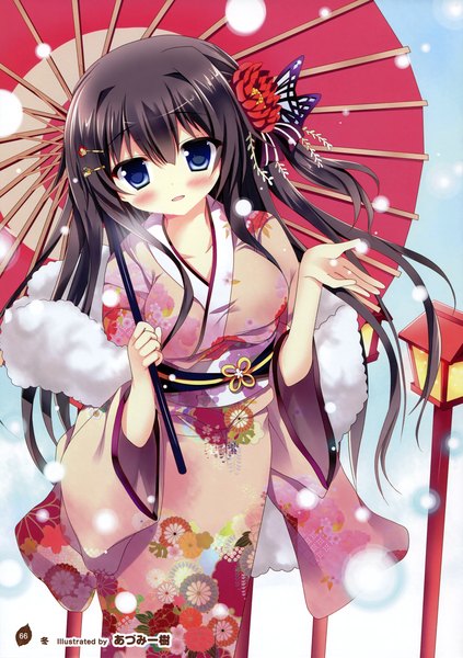 Anime picture 2538x3600 with girls, girls, girls! 10 (artbook) azumi kazuki single long hair tall image looking at viewer blush highres open mouth blue eyes black hair traditional clothes japanese clothes hair flower scan official art one side up snowing girl hair ornament