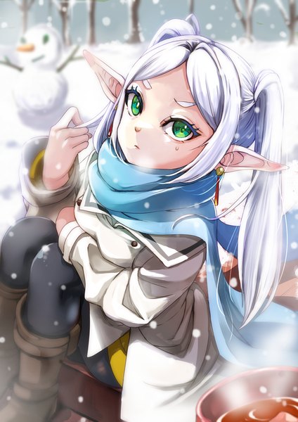 Anime picture 1240x1754 with sousou no frieren frieren gouda nagi single long hair tall image looking at viewer twintails green eyes silver hair pointy ears snowing sweatdrop elf playing with hair girl earrings pantyhose black pantyhose scarf