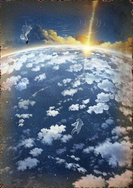 Аниме картинка 955x1351 с оригинальное изображение hotaka высокое изображение короткие волосы чёрные волосы облако (облака) солнечный свет отражение вверх ногами невесомость без лица девушка платье цветок (цветы) лепестки вода белое платье звезда (звёзды) сарафан букет