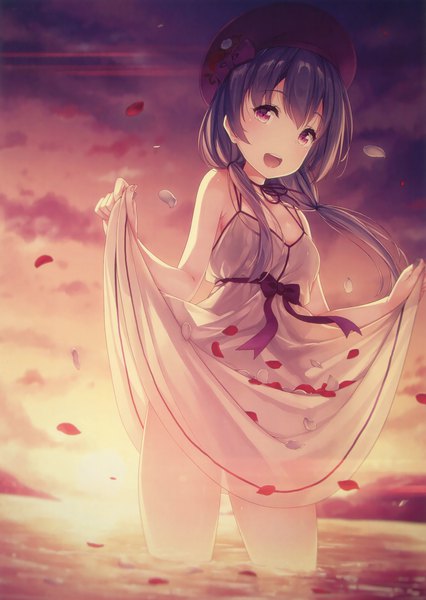 Anime-Bild 2342x3300 mit original eshi 100-nin ten siva (executor) single long hair tall image looking at viewer highres open mouth black hair purple eyes twintails sky cloud (clouds) scan partially submerged low twintails evening sunset dress lift