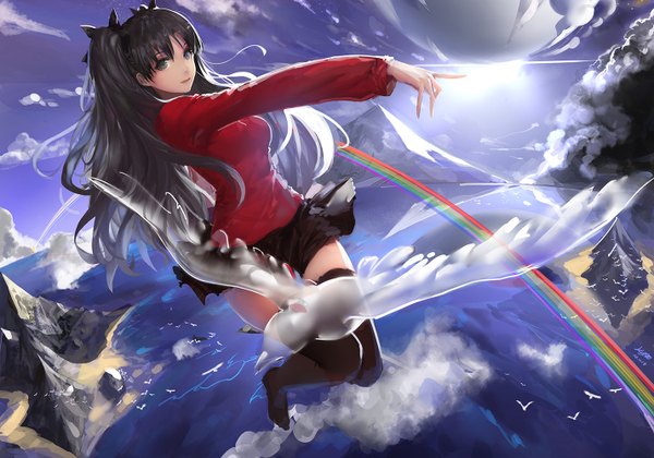 Anime picture 1428x1000 with fate (series) fate/stay night type-moon toosaka rin kinven single long hair looking at viewer black hair twintails green eyes cloud (clouds) bent knee (knees) zettai ryouiki magic mountain landscape pointing midair girl