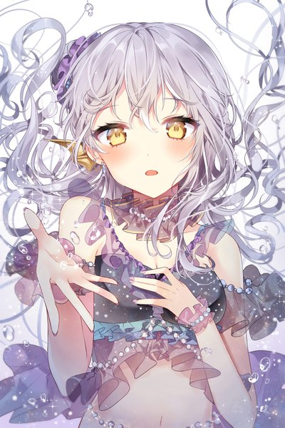Anime picture 1181x1771 with bang dream! minato yukina taya oco single long hair tall image looking at viewer blush fringe open mouth simple background hair between eyes white background purple hair upper body nail polish fingernails off shoulder sparkle hair bun (hair buns)