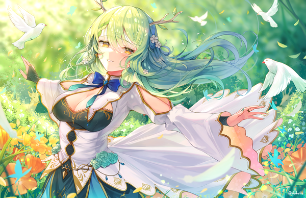 Anime picture 5100x3300 with virtual youtuber hololive hololive english ceres fauna ceres fauna (1st costume) dvdarts single long hair fringe highres breasts light erotic hair between eyes large breasts yellow eyes absurdres cleavage outdoors horn (horns) green hair