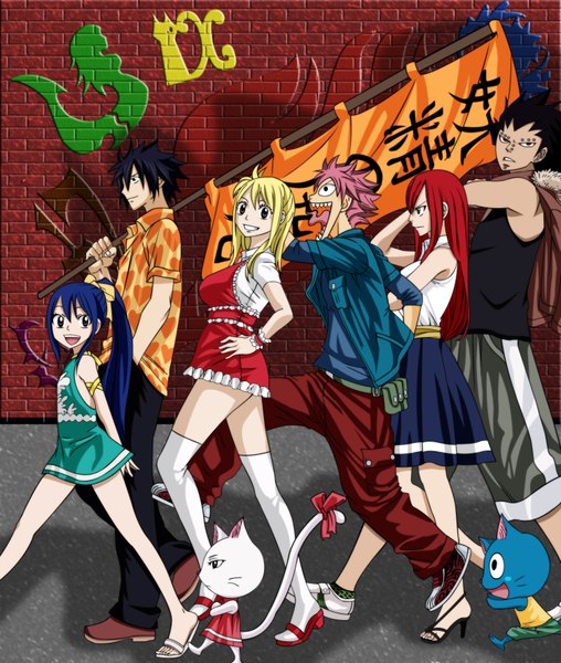 Anime picture 1496x1766 with fairy tail lucy heartfilia erza scarlet natsu dragneel gray fullbuster wendy marvell happy (fairy tail) gajeel redfox charle (fairy tail) x-ray99 tall image open mouth black hair blonde hair smile red eyes multiple girls brown eyes blue hair pink hair
