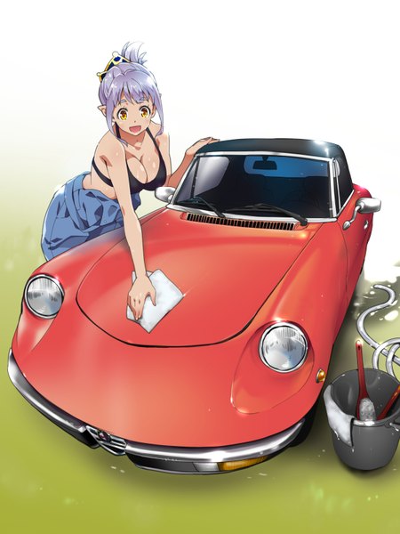 Anime picture 1200x1600 with original alfa romeo poncho s single tall image blush fringe short hair breasts open mouth light erotic smile large breasts bare shoulders yellow eyes payot purple hair pointy ears looking down eyebrows
