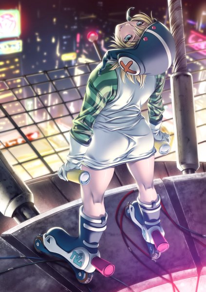 Anime picture 847x1200 with original rezi single tall image looking at viewer short hair blue eyes blonde hair city girl gloves helmet roller skates