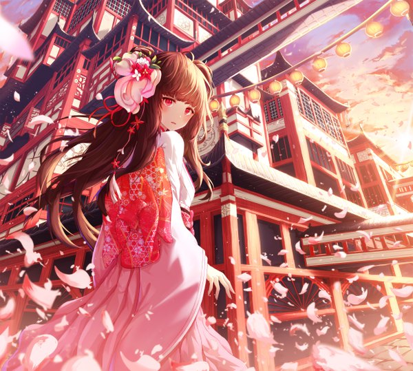 Anime picture 5004x4500 with original keis (locrian1357) single long hair looking at viewer blush fringe highres open mouth red eyes brown hair absurdres sky cloud (clouds) ahoge blunt bangs traditional clothes japanese clothes looking back wind