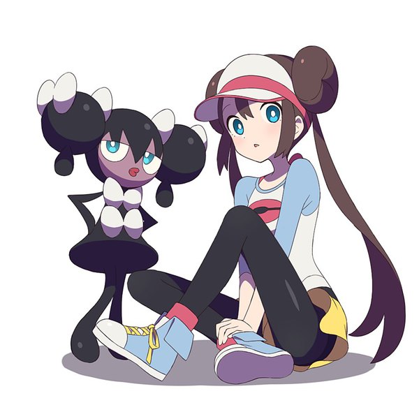 Anime picture 1000x1000 with pokemon pokemon black and white nintendo rosa (pokemon) gothorita agata (agatha) long hair looking at viewer fringe blue eyes simple background hair between eyes brown hair white background sitting twintails payot full body hair bun (hair buns) indian style