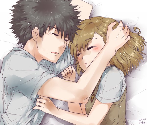 Anime picture 1650x1400 with to aru kagaku no railgun to aru majutsu no index j.c. staff misaka mikoto kamijou touma aibara mitsuki blush fringe short hair open mouth black hair brown hair signed eyes closed parted lips short sleeves couple hand on chest dated sleeping