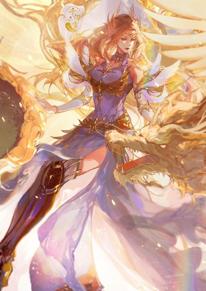 Anime-Bild 2480x3508 mit douluo continent qian renxue (douluo dalu) tagme (artist) single long hair tall image highres breasts blonde hair smile purple eyes bare shoulders signed payot looking away bent knee (knees) character names floating hair flying fantasy