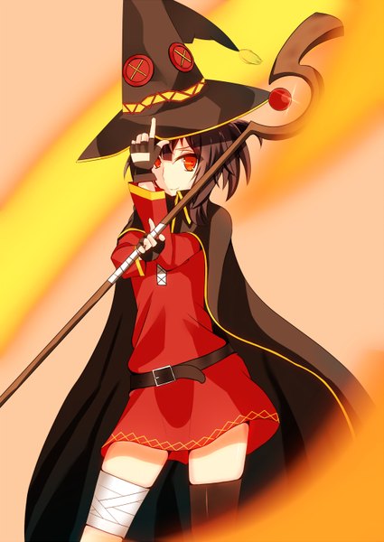 Anime picture 1074x1517 with kono subarashii sekai ni shukufuku wo! studio deen megumin west single long hair tall image looking at viewer fringe black hair red eyes holding adjusting hat girl thighhighs dress gloves black thighhighs hat belt