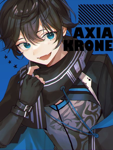Anime picture 1667x2220 with virtual youtuber nijisanji axia krone axia krone (1st costume) user hgxj8225 single tall image fringe short hair open mouth black hair hair between eyes upper body :d aqua eyes character names blue background adjusting clothes boy gloves