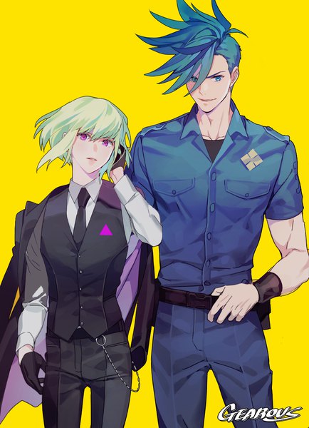 Anime picture 900x1242 with promare studio trigger lio fotia galo thymos gearous tall image looking at viewer fringe short hair blue eyes simple background hair between eyes standing purple eyes signed blue hair parted lips green hair multiple boys adjusting hair