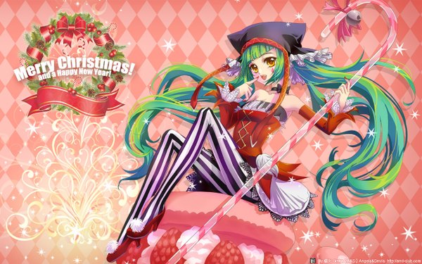 Anime picture 1280x800 with project diva project diva f vocaloid cat food (vocaloid) hatsune miku ginkasarah single fringe open mouth wide image twintails yellow eyes full body very long hair green hair christmas new year merry christmas rhombus happy new year