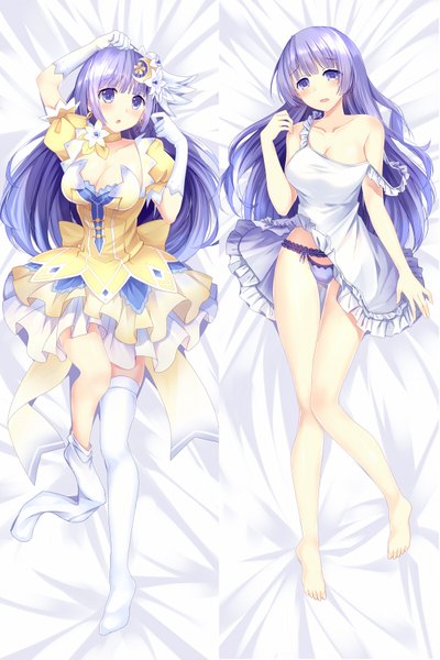 Anime picture 1200x1800 with date a live izayoi miku bison cangshu long hair tall image blush open mouth blue eyes light erotic blue hair full body multiview dakimakura (medium) girl thighhighs dress gloves underwear panties white thighhighs