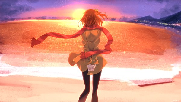 Anime picture 1920x1080 with love live! school idol project sunrise (studio) love live! kousaka honoka swordsouls single highres short hair wide image standing from behind orange hair beach one side up back evening sunset hands behind back horizon mountain