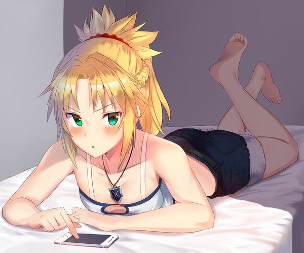 Anime picture 3730x3107 with fate (series) fate/grand order mordred (fate) jun (aousa0328) single long hair looking at viewer blush fringe highres breasts open mouth light erotic blonde hair green eyes payot absurdres full body bent knee (knees) ponytail