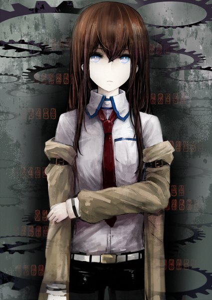 Anime picture 1300x1836 with steins;gate white fox makise kurisu minato (shouno) single long hair tall image looking at viewer brown hair purple eyes open clothes open jacket legwear under shorts girl shirt pantyhose necktie shorts belt black pantyhose