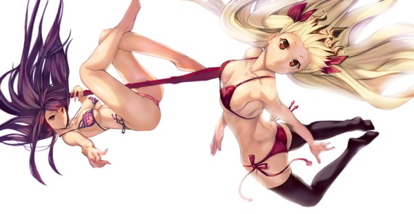 Anime picture 5994x3100 with fate (series) fate/grand order scathach (fate) (all) ereshkigal (fate) scathach (swimsuit assassin) (fate) satou daiji long hair looking at viewer highres breasts light erotic blonde hair simple background red eyes wide image large breasts multiple girls absurdres cleavage purple hair