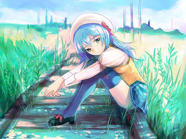 Anime picture 1024x768 with original makarauroko6 single long hair looking at viewer fringe breasts smile hair between eyes sitting green eyes blue hair sky cloud (clouds) full body outdoors long sleeves head tilt pleated skirt light smile