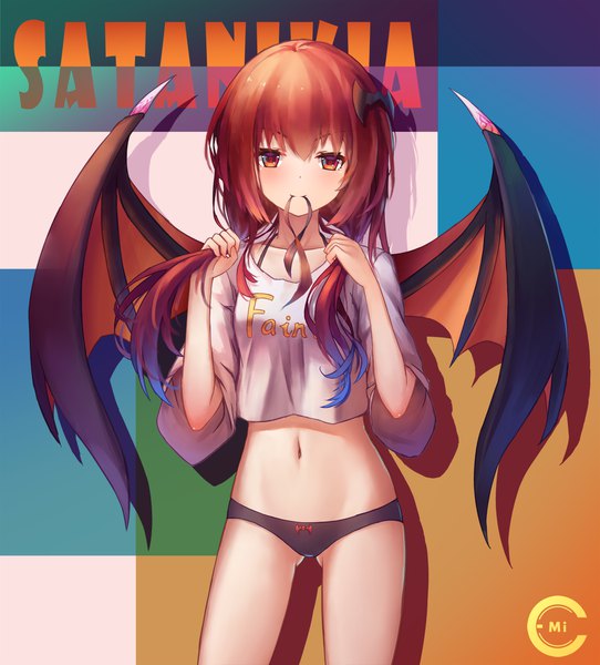 Anime picture 1300x1437 with gabriel dropout doga kobo satanichia kurumizawa mcdowell c.mi single long hair tall image looking at viewer blush fringe open mouth light erotic smile hair between eyes red eyes holding signed red hair :d shadow