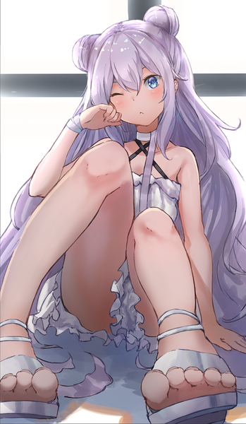 Anime picture 755x1296 with azur lane le malin (azur lane) le malin (the knight's true nature) (azur lane) yu ni t single long hair tall image looking at viewer blush fringe breasts blue eyes simple background hair between eyes sitting bare shoulders silver hair full body bent knee (knees) one eye closed