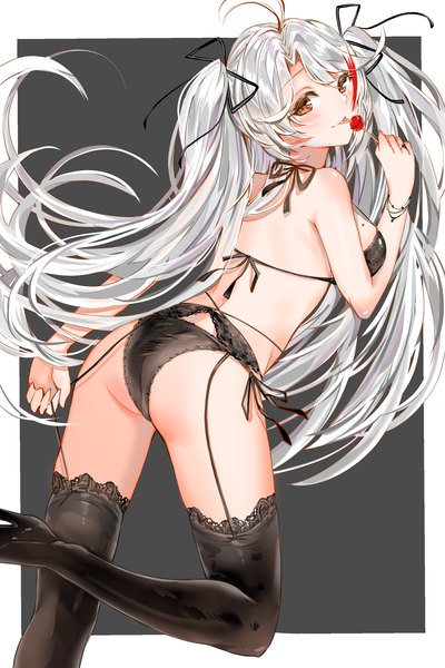 Anime picture 2000x3000 with azur lane prinz eugen (azur lane) yukineko1018 single long hair tall image looking at viewer blush fringe highres breasts light erotic simple background standing bare shoulders holding brown eyes payot silver hair ahoge