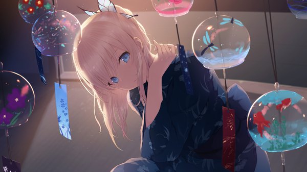 Anime picture 1920x1080 with boku wa tomodachi ga sukunai kashiwazaki sena cait single long hair looking at viewer fringe highres blue eyes blonde hair wide image payot ponytail traditional clothes head tilt japanese clothes wide sleeves shadow alternate costume wallpaper