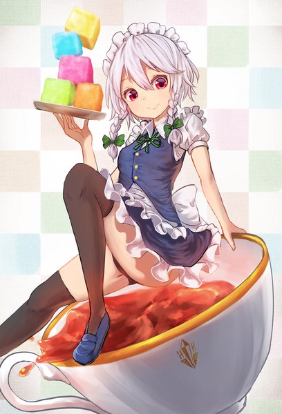 Anime picture 1542x2267 with touhou izayoi sakuya pyonsuke (pyon2 mfg) single long hair tall image looking at viewer light erotic smile red eyes holding silver hair braid (braids) short sleeves puffy sleeves twin braids frilly skirt checkered checkered background minigirl