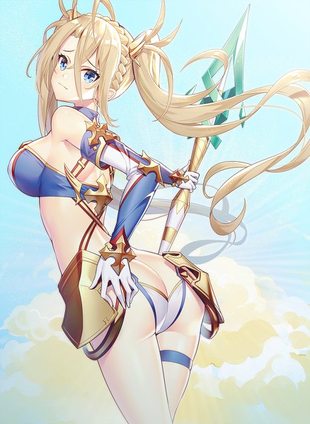 Anime picture 876x1200 with fate (series) fate/grand order bradamante (fate/grand order) ririko (zhuoyandesailaer) single long hair tall image looking at viewer blush fringe breasts blue eyes light erotic blonde hair hair between eyes large breasts standing twintails bare shoulders holding