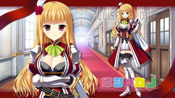 Anime picture 1280x720 with kishi x kano enjouji luise minatsuki alumi single long hair looking at viewer blush fringe breasts open mouth blonde hair smile red eyes wide image cleavage girl weapon sword armor clothes