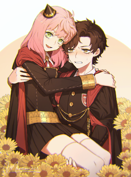 Anime-Bild 2349x3175 mit spy x family anya (spy x family) damian desmond meomoicecr long hair tall image highres short hair open mouth brown hair brown eyes green eyes pink hair :d clenched teeth alternate age carrying princess carry older girl