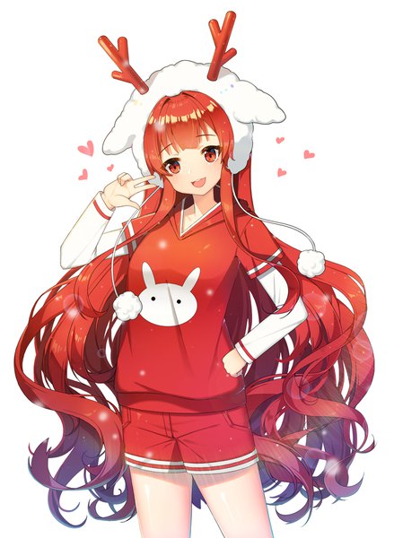 Anime picture 800x1093 with dungeon and fighter original tp (kido 94) single long hair tall image looking at viewer blush fringe open mouth simple background red eyes standing white background animal ears red hair long sleeves head tilt :d horn (horns)