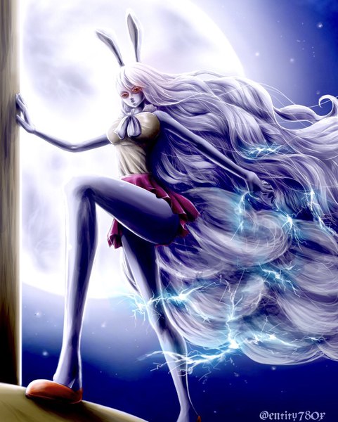 Anime picture 768x957 with one piece toei animation carrot (one piece) tsan3010228 single tall image looking at viewer fringe breasts hair between eyes red eyes standing signed animal ears white hair tail very long hair animal tail wind night