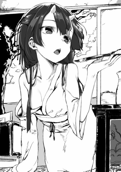 Anime picture 650x919 with original yuukyuu ponzu single long hair tall image open mouth light erotic black hair standing holding looking away indoors horn (horns) kneeling monochrome oni horns girl table tray