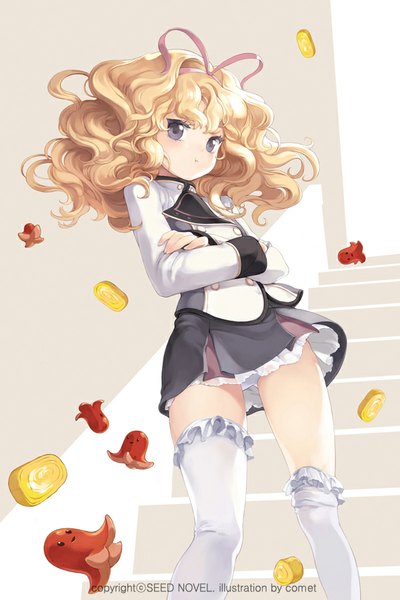 Anime picture 600x900 with revenge & lady comet (teamon) single long hair tall image looking at viewer blue eyes light erotic blonde hair pantyshot girl thighhighs dress underwear panties ribbon (ribbons) hair ribbon white thighhighs