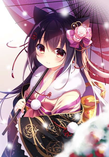 Anime picture 980x1408 with original kusunoki (escude) single long hair tall image looking at viewer blush fringe black hair simple background hair between eyes red eyes standing holding animal ears payot ahoge traditional clothes japanese clothes light smile