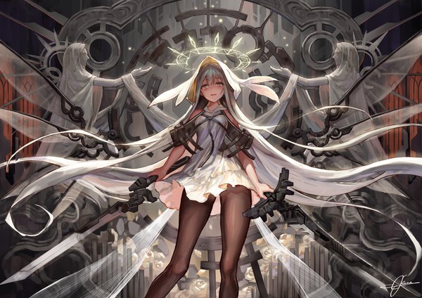 Anime picture 1842x1302 with original okuma mai single looking at viewer blush fringe highres breasts hair between eyes bare shoulders holding brown eyes signed white hair very long hair multicolored hair grey hair two-tone hair dual wielding mechanical wings