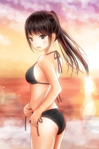 Anime picture 600x900 with original sakinate single long hair tall image looking at viewer blush fringe breasts open mouth light erotic smile brown hair standing bare shoulders brown eyes signed payot sky cloud (clouds)
