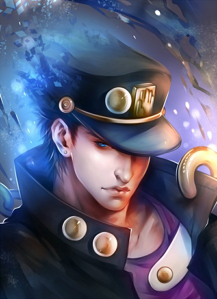 Anime picture 800x1100 with jojo no kimyou na bouken kujo jotaro dk (pixiv) single tall image short hair blue eyes black hair looking away lips realistic character names portrait boy uniform school uniform hat gakuran