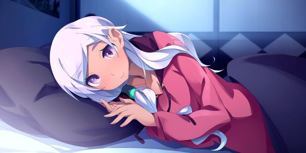 Anime picture 2400x1200 with kaminoyu (game) long hair highres smile wide image purple eyes game cg purple hair lying girl pillow